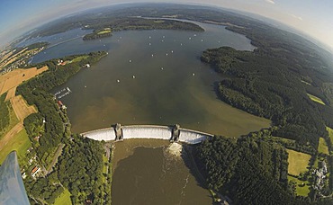 Aerial photograph, concrete dam, Moehne Reservoir, Delecke, Soest region, Sauerland, North Rhine-Westphalia, Germany, Europe