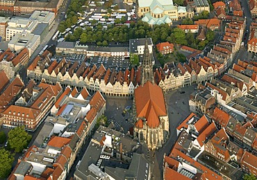 Aerial photograph, Muenster city centre with Prinzipalmarkt and St. Lamberti's Church, Muenster, Muensterland, North Rhine-Westphalia, Germany, Europe