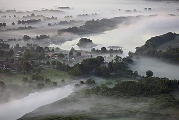 Aerial photograph, River Elde, Lake Kleine Mueritz, Mueritz arm, early morning fog, Mecklenburg Lake District, Rechlin, Mecklenburg-Western Pomerania, Germany, Europe