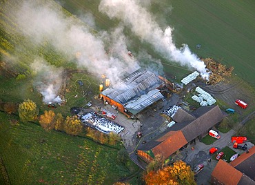 Aerial view, fire on a farm, Datteln, North Rhine-Westphalia, Germany, Europe