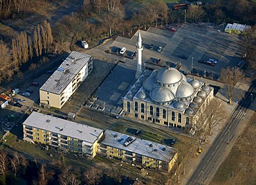 Aerial picture, Ditib Merkez Marxloh Mosque, Duisburg, Ruhr area, North Rhine-Westphalia, Germany, Europe