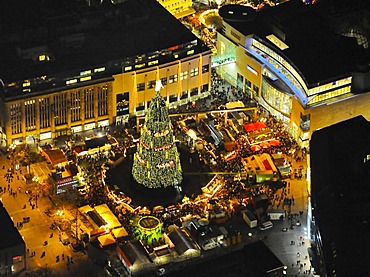 Aerial picture, night shot, city centre, Reinodikirche Church, christmas market, christmas tree, Kampstrasse Street, Hansmarkt, Dortmund, Ruhr area, North Rhine-Westphalia, Germany, Europe