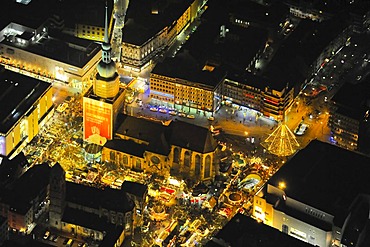 Aerial picture, night shot, city centre, Reinodikirche Church, christmas market, Kampstrasse Street, Hansmarkt, Dortmund, Ruhr area, North Rhine-Westphalia, Germany, Europe