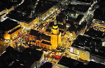 Aerial picture, night shot, city centre, Reinodikirche Church, christmas market, Kampstrasse Street, Hansmarkt, Dortmund, Ruhr area, North Rhine-Westphalia, Germany, Europe