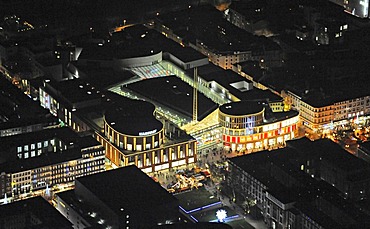 Aerial photograph at night, city centre, Forum Duisburg shopping mall, Duisburg, Ruhr Area, North Rhine-Westphalia, Germany, Europe