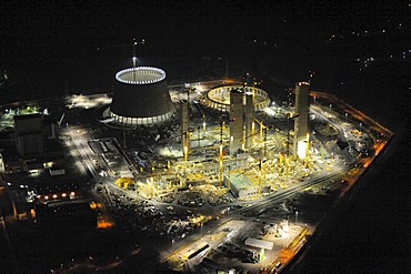 Aerial picture, night shot, RWE Power, coal power station expansion, Hamm, cooling tower, building site, Westfalen power plant, Ruhr area, North Rhine-Westphalia, Germany, Europe