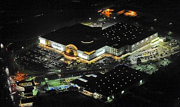 Aerial photo, night shot, furniture store Zurbrueggen, Unna, Ruhr Area, North Rhine-Westphalia, Germany, Europe