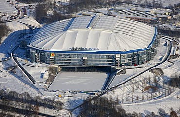 Aerial photo, Schalke Arena, S04 Veltins-Arena Sports stadium in snow, Gelsenkirchen-Buer, Gelsenkirchen, Ruhr Area, North Rhine-Westphalia, Germany, Europe