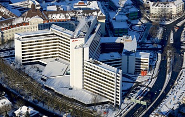 Aerial photo, power supplier Gazprom, headquarters, Ruhrgas Eon, snow, Essen, Ruhrgebiet, North Rhine-Westphalia, Germany, Europe