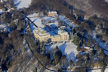 Aerial photo, Villa Huegel, Bertholt Beitz, snow, Essen, Ruhrgebiet, North Rhine-Westphalia, Germany,