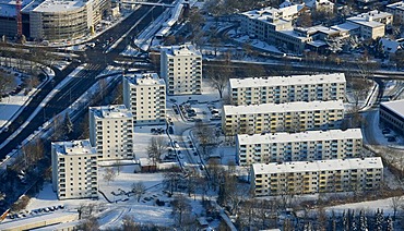 Aerial picture, Mitte multistory buildings Reschop, snow, Hattingen, Ruhr area, North Rhine-Westphalia, Germany, Europe