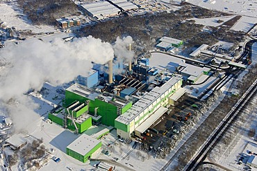 Aerial photo, snow, RZR Recycling Zentrum Ruhr Area recycling center, garbage incineration plant, Herten, Ruhr Area, North Rhine-Westphalia, Germany, Europe