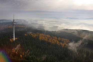 Aerial photo, television tower and hills in morning fog, Sauerland valleys, Meschede, Sauerland, North Rhine-Westphalia, Germany, Europe