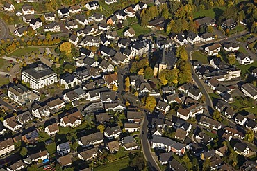 Aerial photo, main street, St. Severinus Kirche church, Wenden, Sauerland, North Rhine-Westphalia, Germany, Europe