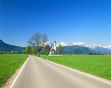 St. Coloman pilgrimage church near Fuessen, Thannheim Range, spring, east Allgaeu, Bavaria, Germany, Europe