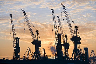 Dockside cranes at the Blohm + Voss shipyard in Hamburg, Germany, Europe