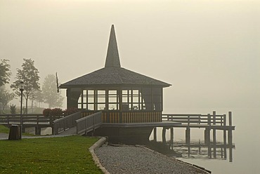 Morning fog and a pagoda at Grundlsee in northern Styria, Austria, Europe