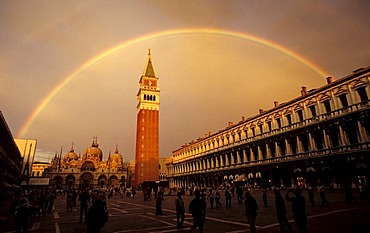 St. Mark's Square with St. Mark's Basilica and Campanile with a rainbow, Venice, Italy, Europe