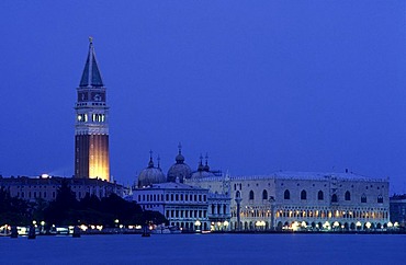 Campanile and the domes of St. Mark's Basilica and Doge's Palace, Venice, Italy, Europe