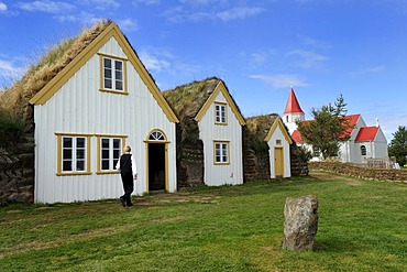 Museum courtyard Glaumbaer, open-air museum, sod yard, turf walls, grass roofs, wood facade, Iceland, Europe