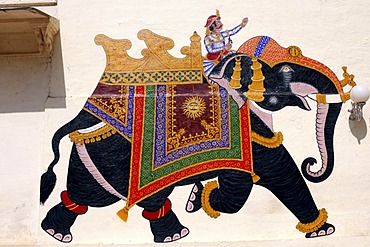 Elephant, wall painting, City Palace, Udaipur, Rajasthan, North India, Asia