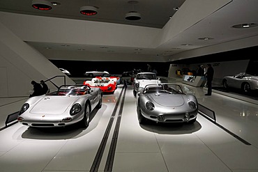 Interior view with Porsche sports cars, new Porsche Museum, Stuttgart, Baden-Wuerttemberg, Germany, Europe