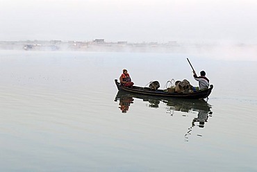 Boat on the Irrawaddy or Ayeyarwady River, Bhamo, Myanmar, Burma, Asia