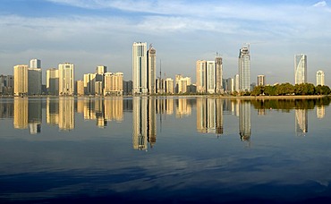 Skyline and corniche of Sharjah City, Emirate of Sharjah, United Arab Emirates, Arabia, Near East