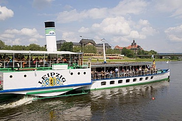 Paddle wheel steamer on River Elbe, Dresden, Saxony, Germany