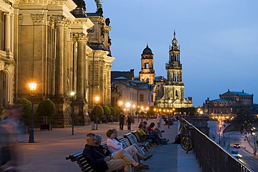 Kunstakademie Academy of Arts, Bruehlsche Terrassen terraces at dusk, Dresden, Saxony, Germany