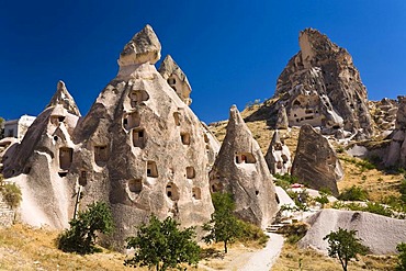 Rock dwellings of Uchisar, Cappadocia, Cental Anatolia, Turkey, Asia