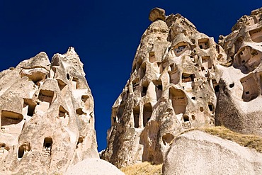 Rock dwellings of Uchisar, Cappadocia, Cental Anatolia, Turkey, Asia