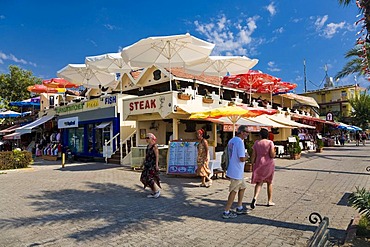 Amusement strip along the port of Side, Turkish Riviera, Turkey, Asia