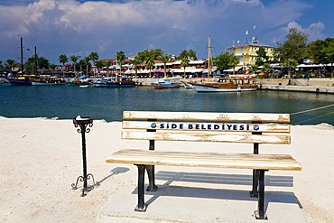 Bench at the port of Side, Turkish Riviera, Turkey, Asia