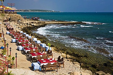 Set tables by the sea, Side, Turkish Riviera, Turkey, Asia