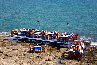 Set tables by the sea, Side, Turkish Riviera, Turkey, Asia