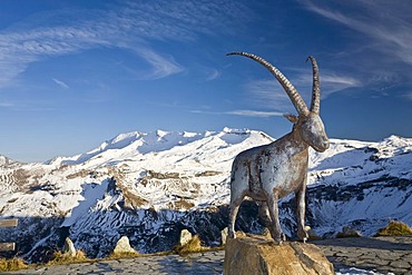 Statue of an ibex at the Fuschertoerl, Grossglockner High Alpine Road, Hohe Tauern National Park, Carinthia, Austria, Europe