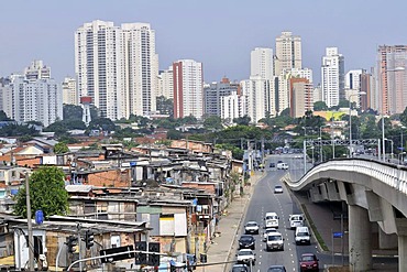 Paraisopolis favela in front of modern skyscrapers, contrast, Morumbi district, Sao Paulo, Brazil, South America