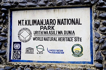 Sign at the entrance to Mount Kilimanjaro National Park, Tanzania, Africa