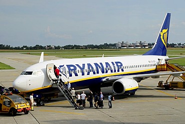 Aeroplane of the budget-flight-company Ryanair at Bratislava Airport, formerly known as Pressburg, Slovakia, Europe