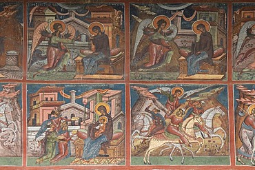 Exterior frescoes, Church of Annunciation, UNESCO World Heritage Site, Moldovita, Southern Bukovina, Moldova, Romania, Europe