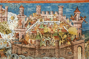 Exterior fresco depicting the siege of Constantinople, Moldovita Church of Annunciation, UNESCO World Heritage Site, Southern Bukovina, Moldova, Romania, Europe