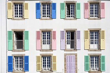 Coloured shutters of a hotel, Port Maria, Quiberon, Morbihan, Brittany, France, Europe