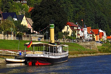 Cruise vessel on gangplank in Wehlen, Nationalpark Saxon Switzerland, Saxony, Germany, Europe