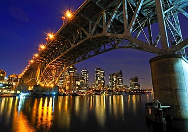 Skyline of Vancouver Down town, evening light, False Creek, British Columbia, Granville Street Bridge, Canada, North America