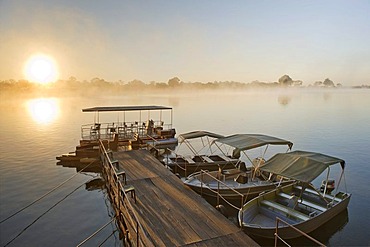 Wharf of the Mahangu Safari Lodge at dawn, Okavango, Namibia, Africa