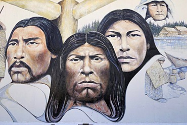 Native American faces, detail of large mural, Chemainus near Nanaimo, Vancouver Island, Canada, North America