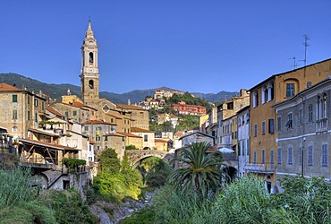 San Tomaso parish church in Dolcedo with the Ponte Grande Bridge over the Prino River, Riviera dei Fiori, Liguria, Italy, Europe