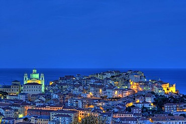 Night exposure of Imperia, Porto Maurizio district with classical cathedral, Riviera dei Fiori, Liguria, Italy, Europe