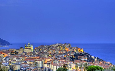 Night exposure of Imperia, Porto Maurizio district with classical cathedral, Riviera dei Fiori, Liguria, Italy, Europe